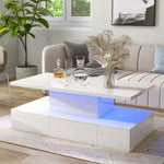 ZUN ON-TREND Modern Glossy Coffee Table With Drawer, 2-Tier Rectangle Center Table with LED lighting for WF297894AAK