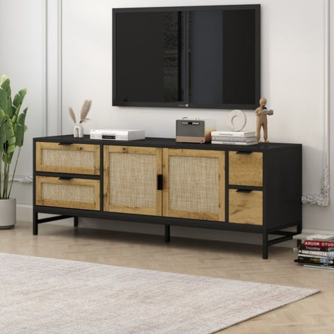 ZUN ON-TREND Elegant Rattan TV Stand for TVs up to 65", Boho Style Media Console with Adjustable WF305960AAE