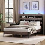 ZUN Mid Century Modern Style Queen Bed Frame with Bookshelf and LED Lights and USB Port, Walnut and WF308606AAD