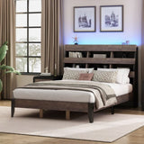 ZUN Mid Century Modern Style Queen Bed Frame with Bookshelf and LED Lights and USB Port, Walnut and WF308606AAD