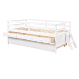 ZUN Low Loft Bed Twin Size with Full Safety Fence, Climbing ladder, Storage Drawers and Trundle White WF296596AAK