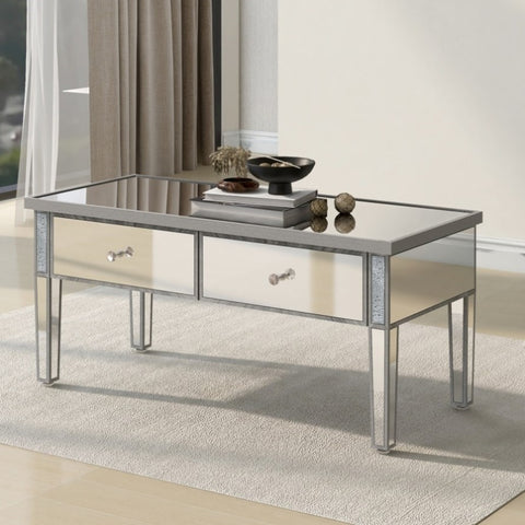 ZUN ON-TREND Modern Glass Mirrored Coffee Table with 2 Drawers, Cocktail Table with Crystal Handles and WF296600AAN