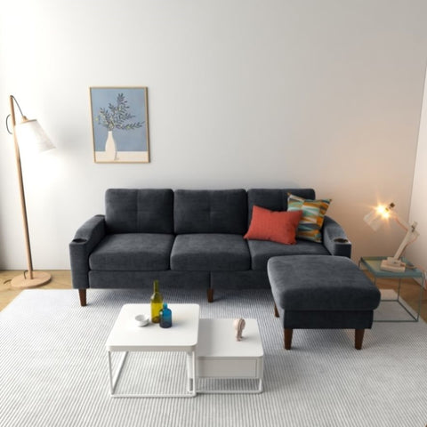 ZUN Convertible Combo Sofa Sofa L-Shaped Sofa with Storage Cabinet Footstool, Living Room Dark Gray W2012126502