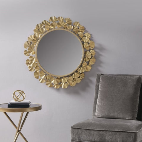 ZUN Gold Gingko Leaf Round Wall Mirror 30.5" B03599408