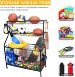 ZUN Sports Equipment Organizer, Sports Gear Basketball Storage with Baskets and Hooks,Ball Storage Rack, 38321058