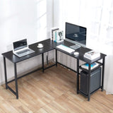 ZUN L-Shaped Desktop Computer Desk with Power Outlets & Shelf Tiger Black 06147125