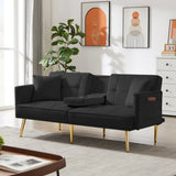 ZUN Black Velvet Futon Sofa Bed with Gold Metal Legs W58849089