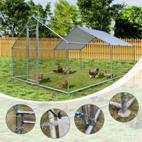 ZUN 9.8'L x 13.1'W Large Chicken Coop Metal Chicken Run Walk-in Poultry Cage Spire-Shaped with 51793018