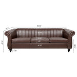 ZUN 83.46'' Brown PU Rolled Arm Chesterfield Three Seater Sofa. W68031446