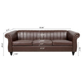 ZUN 83.46'' Brown PU Rolled Arm Chesterfield Three Seater Sofa. W68031446