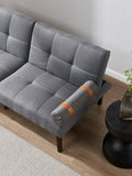 ZUN Convertible Sofa Bed Futon with Solid Wood Legs Linen Fabric Grey W1097125591