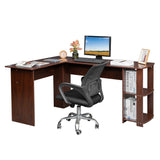 ZUN L-Shaped Wood Right-angle Computer Desk with Two-layer Shelves Dark Brown 28352039