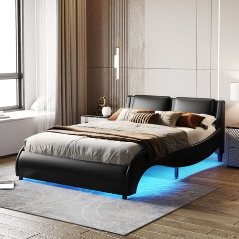 ZUN Queen Size Upholstered Faux Leather Platform Bed with LED Light Bed Frame with Slatted - Black WF296648AAB