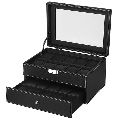 ZUN Watch Box 20 Mens Case Glass Top Display Organizer Lockable Black 38015822