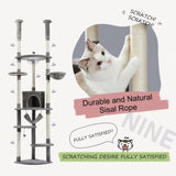 ZUN Floor to Ceiling Cat Tree Height Adjustable Cat Tower Tall Kitty Climbing Play House with Scratching 21024521