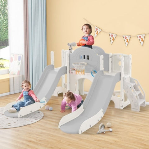 ZUN Kids Slide Playset Structure 7 in 1, Freestanding Spaceship Set with Slide, Arch Tunnel, Ring Toss PP322884AAE