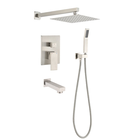 ZUN Brushed Nickel shower system 12 inch Brass Bathroom Deluxe rain mixed shower combination set wall W121956832