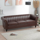 ZUN 83.46'' Brown PU Rolled Arm Chesterfield Three Seater Sofa. W68031446