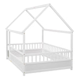 ZUN Full Size Floor Wooden Bed with House Roof Frame, Fence Guardrails,White W1858123986