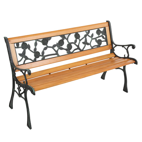 ZUN 49" Garden Bench Patio Porch Chair Deck Hardwood Cast Iron Love Seat Rose Style Back 80193366