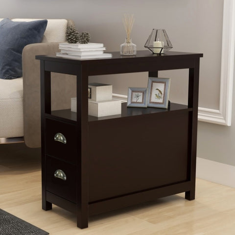 ZUN End Table Narrow Nightstand With Two Drawers And Open Shelf-Brown W28206526