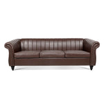 ZUN 83.46'' Brown PU Rolled Arm Chesterfield Three Seater Sofa. W68031446