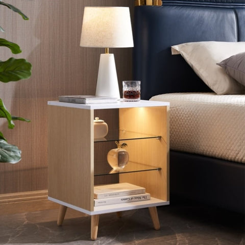 ZUN LED Nightstand with 2 Glass Shelves, Modern Bedside Table with 3 Color LED Lighting/Adustable W2178133300