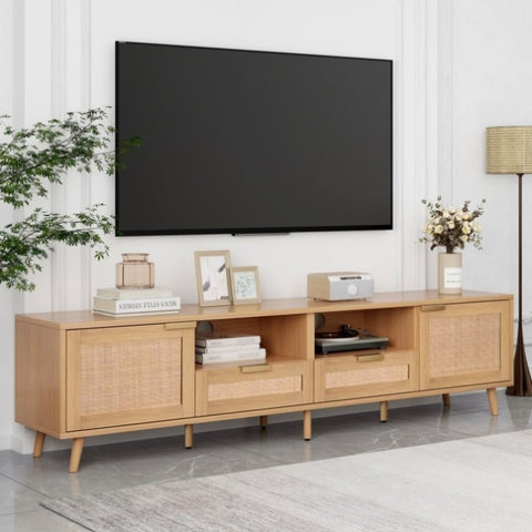ZUN Rattan TV Stand for TVs up to 85'', Modern Farmhouse Media Console, Entertainment Center with Solid WF316678AAP