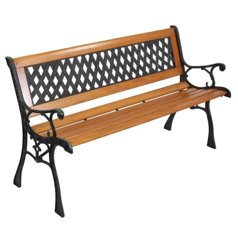 ZUN 49" Garden Bench Patio Porch Chair Deck Hardwood Cast Iron Love Seat Weave Style Back 41635196