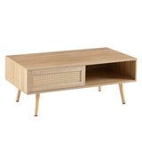 ZUN Rattan Coffee table, sliding door for storage, solid wood legs, Modern table for living room W2181P154407