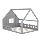 ZUN Full Size Wood House Bed with Window and Fence, Gray WF304147AAE