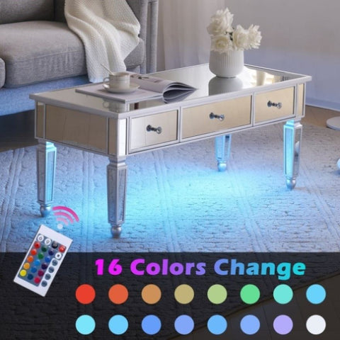ZUN Mirrored Coffee Table with LED Lights and 3 Drawers, Rectangle Modern Cocktail Table for Living Room 01211866
