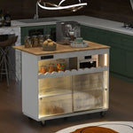 ZUN Kitchen Island with Drop Leaf, LED Light Kitchen Cart on Wheels with Power Outlets, 2 Sliding Fluted WF311172AAW