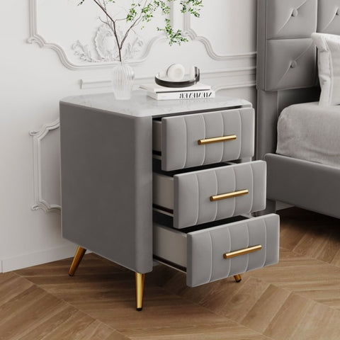 ZUN Upholstered Wooden Nightstand with 3 Drawers and Metal Legs&Handles,Fully Assembled Except WF303285AAE