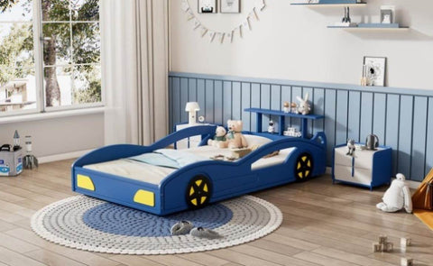 ZUN Wooden Race Car Bed,Car-Shaped Platform Twin Bed with Wheels For Teens,Blue & Yellow WF310553AAC