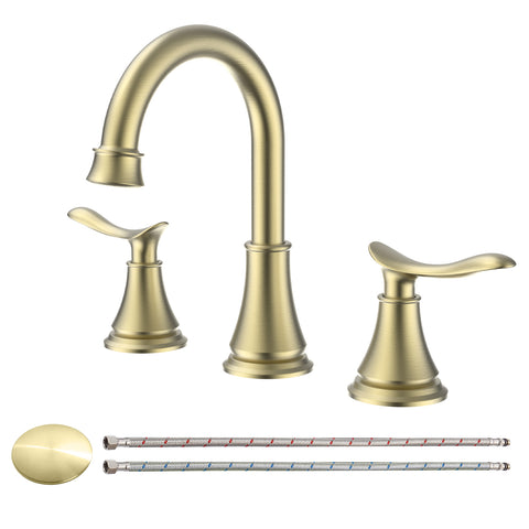 ZUN 2-Handle 8 inch Widespread Bathroom Sink Faucet Brushed Gold Lavatory Faucet 3 Hole 360&deg; Swivel 46793622