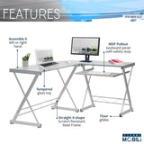 ZUN Techni Mobili L-Shaped Tempered Glass Top Computer Desk with Pull Out Keyboard Panel, Clear RTA-3802-GLS