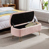 ZUN Pink Storage Ottoman Bench for End of Bed Gold Legs, Modern Grey Faux Fur Entryway Bench Upholstered W1170104172