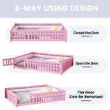 ZUN Queen Size Bed Floor Bed with Safety Guardrails and Door for Kids, Pink W1580110512