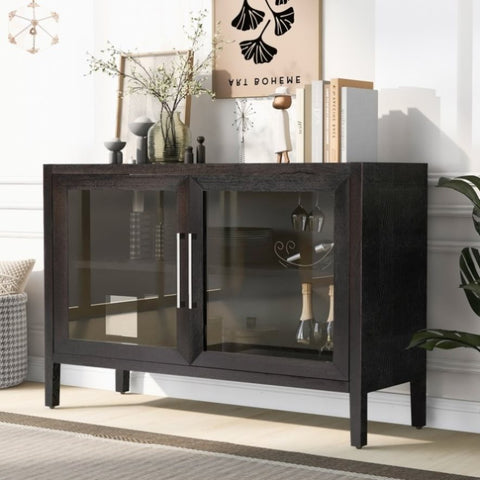 ZUN U-Style Wood Storage Cabinet with Two Tempered Glass Doors ,Four Legs and Adjustable Shelf,Suitable WF309060AAP