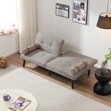 ZUN Convertible Sofa Bed Futon with Solid Wood Legs Linen Fabric Light Grey W1097125595