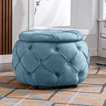 ZUN Large Button Tufted Woven Round Storage Ottoman for Living Room & Bedroom,17.7"H Burlap Blue W1170101818