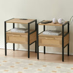 ZUN Set of 2, 15.75" Rattan End table with Power Outlet & USB Ports , Modern nightstand with drawer and W1265123647