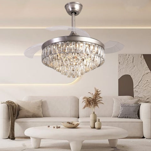 ZUN 42 Inches Crystal Ceiling Fan Silver Crystal Ceiling Fan Chandelier with Remote 6 Speeds 3 Colors W1187118721