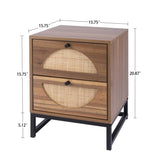 ZUN Rattan Nightstand Set of 2, Walnut End Table with 2 Natural Rattan Drawer & Metal Legs W68861193