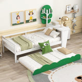 ZUN Twin Size Daybed with Desk, Green Tree Shape Shelves and Trundle, White WF303127AAK