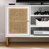 ZUN 47 Inch Mid Century Modern White TV Stand with Adjustable Shelf, Rattan Sideboard, Entertainment W1801115774