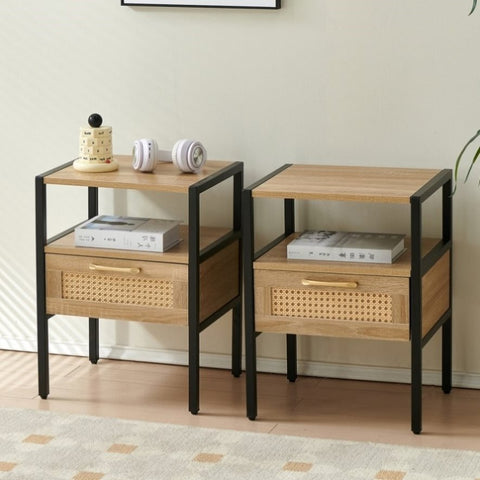 ZUN Set of 2, 15.75" Rattan End table with drawer, Modern nightstand, metal legs,side table for living W1265123645