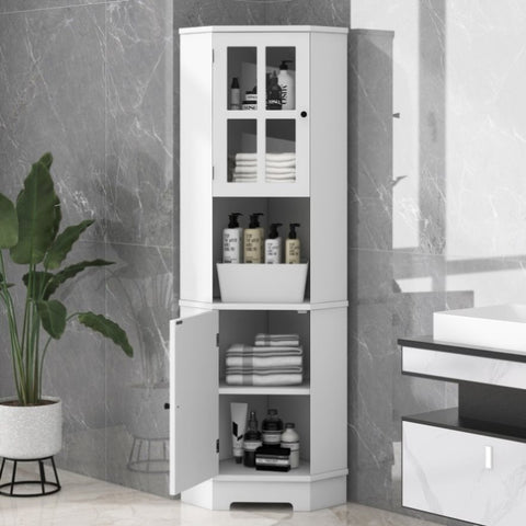 ZUN Tall Bathroom Storage Cabinet, Corner Cabinet with Glass Door, Open Storage, Adjustable Shelf, White WF312164AAK