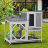 ZUN Large Rabbit Hutch, Wooden Bunny Cage with Casters, Fence, Trays, Water Bottle, Indoor and Outdoor W2181P146764